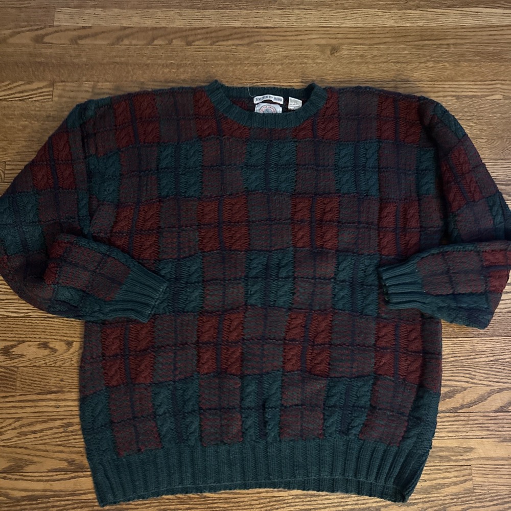 Vintage Cape Isle Knitters Mens M Cable Knit Plaid Sweater Cotton Grandpa Chunky
